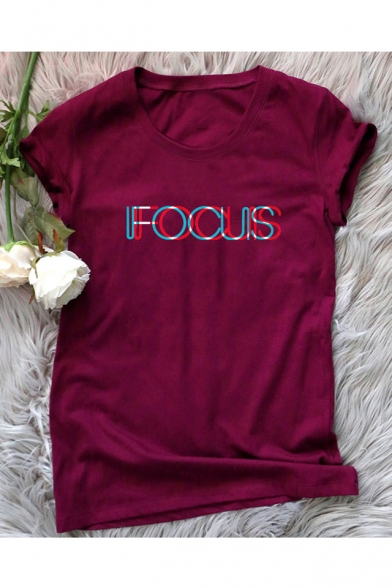 FOCUS Letter Printed Round Neck Short Sleeve T-Shirt