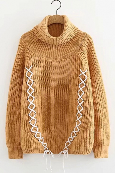 High Neck Lace Up Detail Long Sleeve Sweater