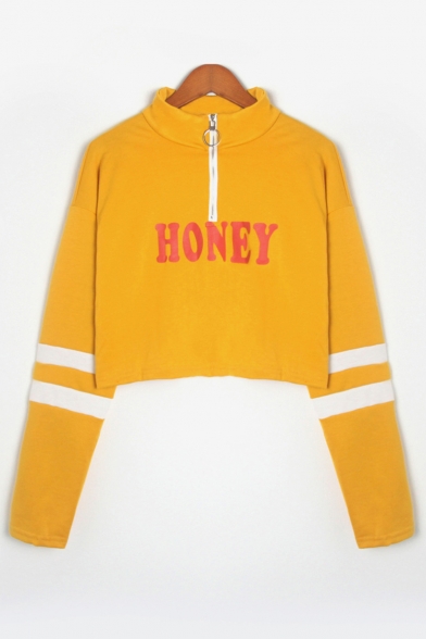 HONEY Letter Contrast Striped Long Sleeve Half-Zip Stand Collar Cropped Sweatshirt