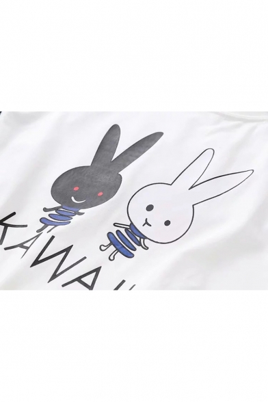 KAWAII Letter Rabbit Printed Color Block Long Sleeve Tee