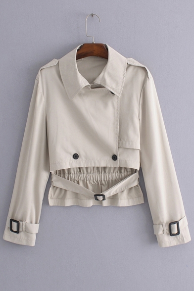 

Lapel Collar Long Sleeve Plain Double Breasted Dip Hem Crop Trench Jacket