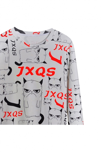 Letter Cat All Over Print Round Neck Long Sleeve Pullover Sweatshirt