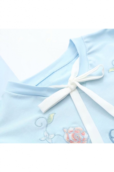 Letter Floral Embroidered Bow Tie V Neck Buttoned Long Sleeve Sweatshirt