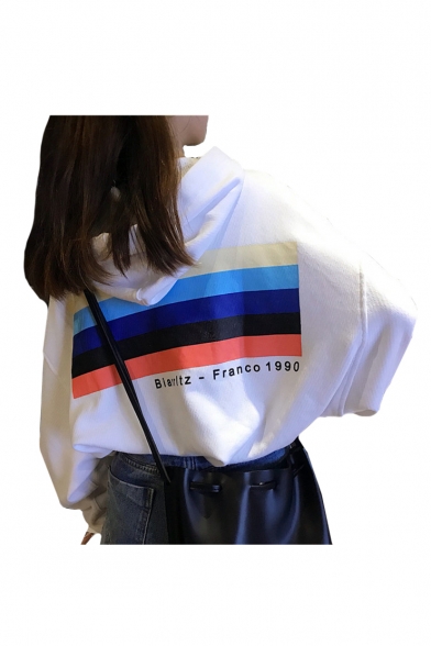 Letter Rainbow Striped Print Long Sleeve Dropped Shoulders Cropped Hoodie