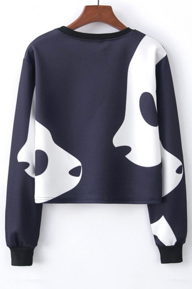 Lovely Color Block Panda Printed Round Neck Long Sleeve Cropped Sweatshirt