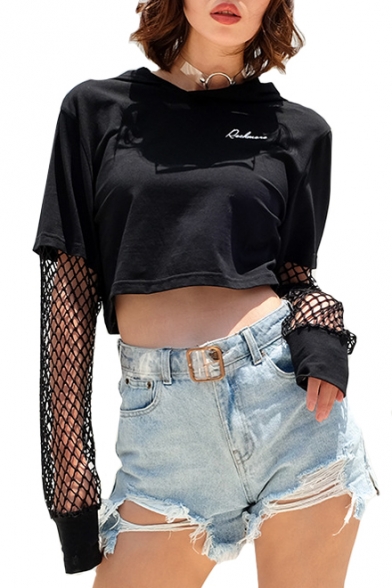 

Mesh Patched Long Sleeve Letter Embroidered Round Neck Cropped T-Shirt