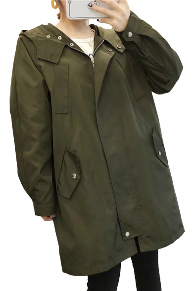 Plain Long Sleeve Drawstring Waist Zip Up Hooded Trench Coat