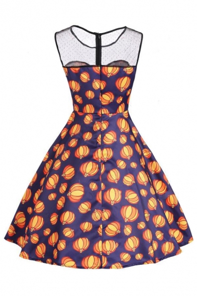 Pumpkin Printed Mesh Insert Round Neck Sleeveless Midi A-Line Dress