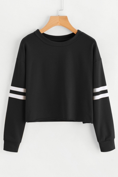 Round Neck Contrast Striped Long Sleeve Cropped Sweatshirt