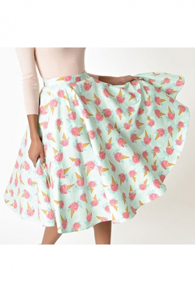 

Vintage Floral Ice Cream Printed High Waist Midi Flare Skirt, LC482895