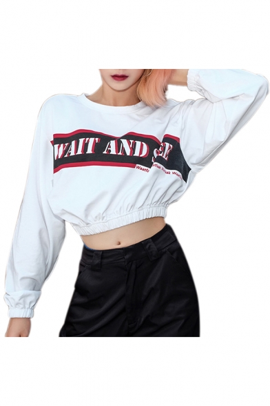 

WAIT AND SEE Letter Graphic Printed Elastic Hem Long Sleeve Crop Sweatshirt