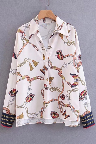 Baroque Style Butterfly Chain Print V Neck Long Sleeve Pullover Shirt