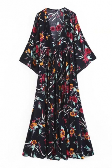Bohemia V Neck Long Sleeve Floral Printed Maxi A-Line Dress