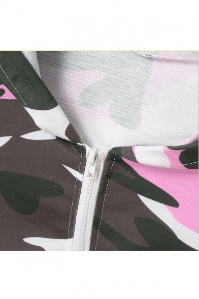 Camouflage Print Long Sleeve Zip Placket Crop Hoodie