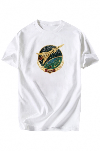 CCCP Letter Rocket Printed Round Neck Short Sleeve Graphic T-Shirt