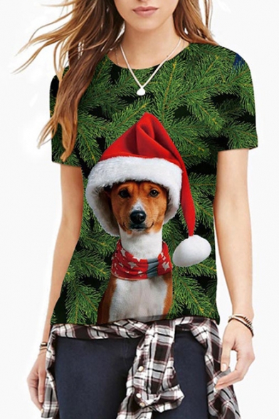 

Christmas Tree Dog Printed Round Neck Short Sleeve T-Shirt, LC485277