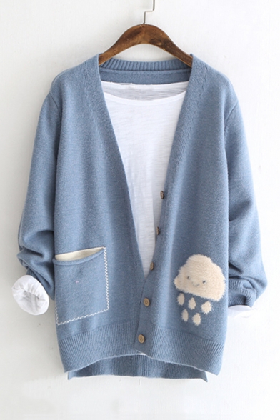 

Cloud Detail V Neck Long Sleeve Button Front Cardigan, Black;blue;khaki