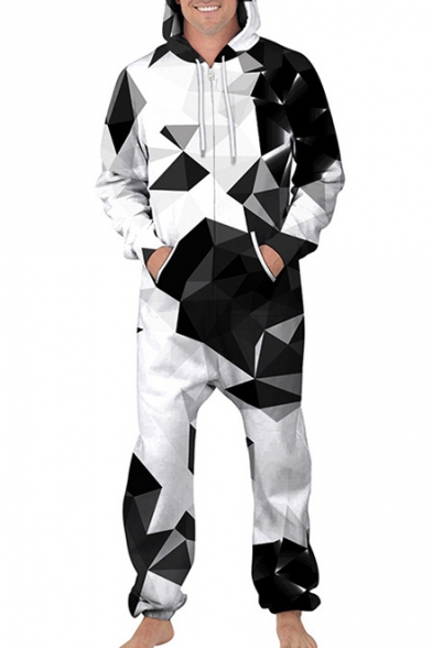 Color Block Geometric Printed Long Sleeve Hooded Jumpsuit