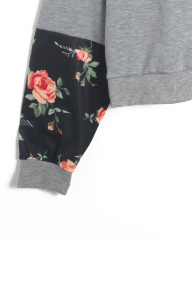 Contrast Floral Printed Round Neck Long Sleeve Casual Sweatshirt