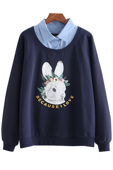 

Contrast Lapel Collar Letter Rabbit Printed Long Sleeve Layered Sweatshirt, LC484307, Pink;white;gray;navy