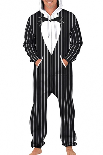 Contrast Striped Printed Long Sleeve Leisure Loose Hooded Jumpsuit