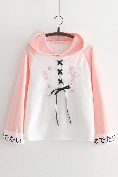 Floral Embroidered Lace Up Front Color Block Japanese Printed Long Sleeve Hoodie