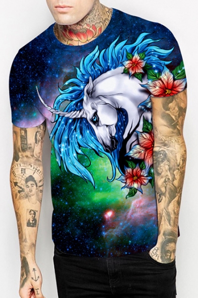 Galaxy Unicorn Floral Printed Round Neck Short Sleeve T-Shirt