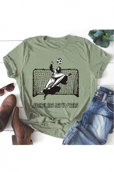 JESUS SAVES Letter Character Football Printed Round Neck Short Sleeve T-Shirt