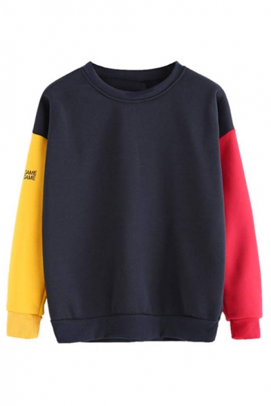 Letter Print Color Block Round Neck Long Sleeve Pullover Sweatshirt