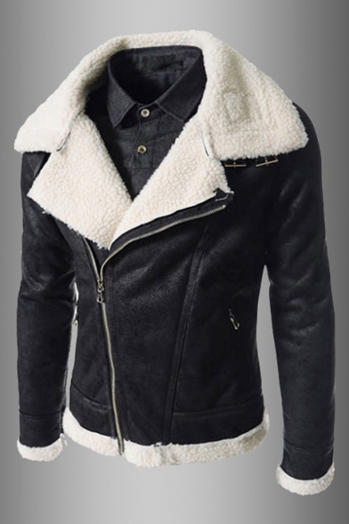 Notch Lapel Collar Long Sleeve Offset Zip Closure Lamb Shearling Leather Jacket