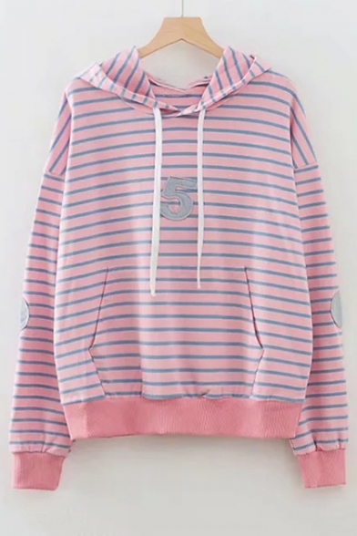 Number Embroidered Applique Striped Long Sleeve Hoodie