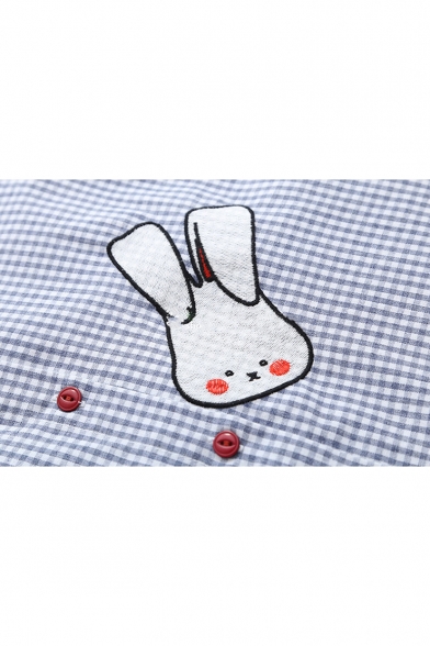 Rabbit Embroidered Plaid Lapel Collar Long Sleeve Button Front Shirt