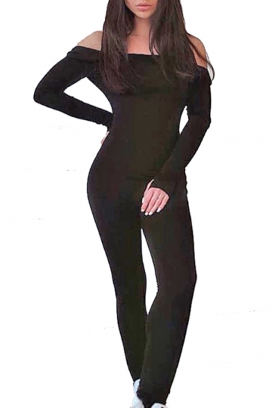 Sexy Plain Off The Shoulder Open Back Long Sleeve Skinny Sports Jumpsuit