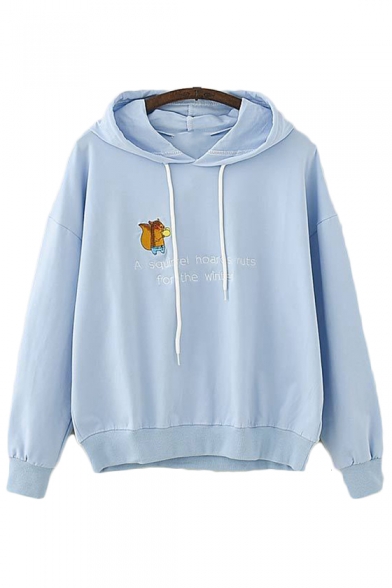Squirrel Letter Embroidered Long Sleeve Hoodie