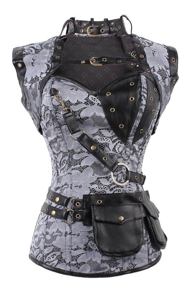 Stand Up Collar Leather Patchwork Lace Insert Slim Corset