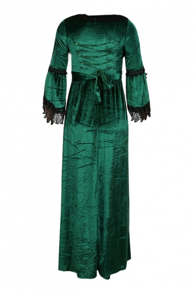 Vintage Square Neck Lace Patchwork 3/4 Length Sleeve Maxi A-Line Dress