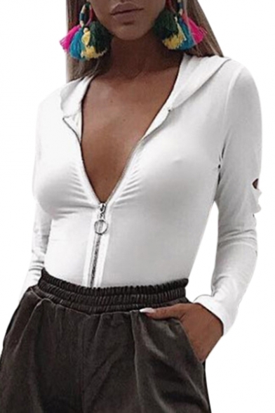 Zipper Front Cut Out Long Sleeve Plain Skinny Hooded Bodysuit