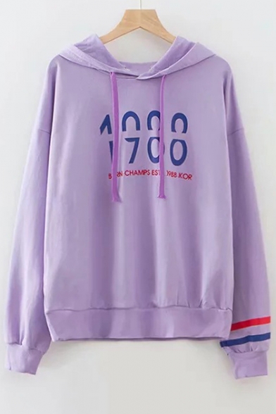 

1988 Letter Printed Contrast Striped Long Sleeve Leisure Hoodie, Blue;white;purple, LC482789