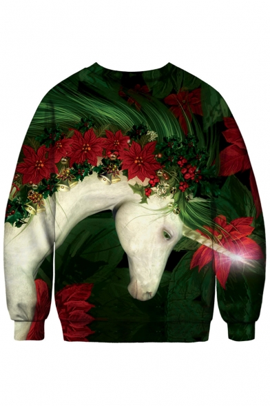 3D Fancy Unicorn Floral Printed Round Neck Long Sleeve Sweatshirt