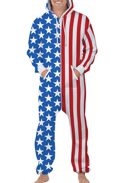 American Flag Contrast Star Striped Printed Long Sleeve Loose Hooded Jumpsuit