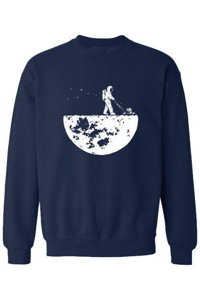 Astronaut Moon Print Round Neck Long Sleeve Sweatshirt