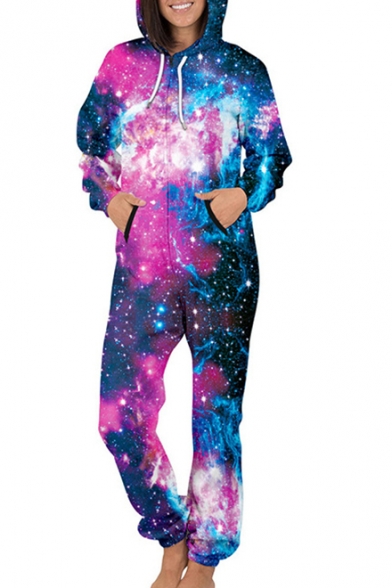 Casual Galaxy Printed Long Sleeve Loose Hooded Jumpsuit