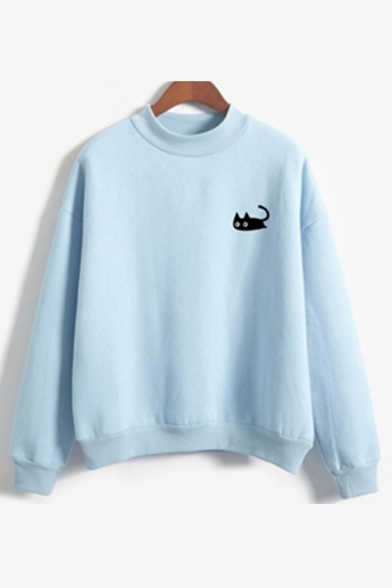Cat Print Crew Neck Long Sleeve Pullover Sweatshirt
