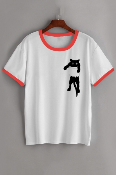 Cat Printed Contrast Trim Round Neck Short Sleeve T-Shirt