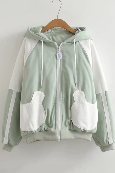 Color Block Letter Print Bear Pattern Pockets Raglan Sleeve Hooded Jacket