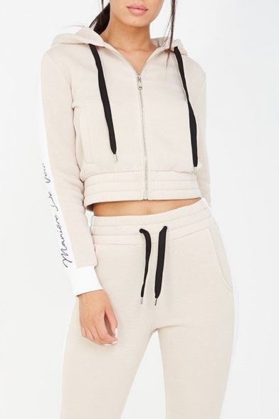 Color Block Letter Printed Long Sleeve Zip Up Cropped Hoodie with Slim Pants Sports Co-ords