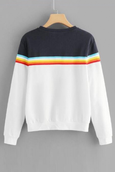 Color Block Rainbow Striped Patch Round Neck Long Sleeve Casual Sweatshirt