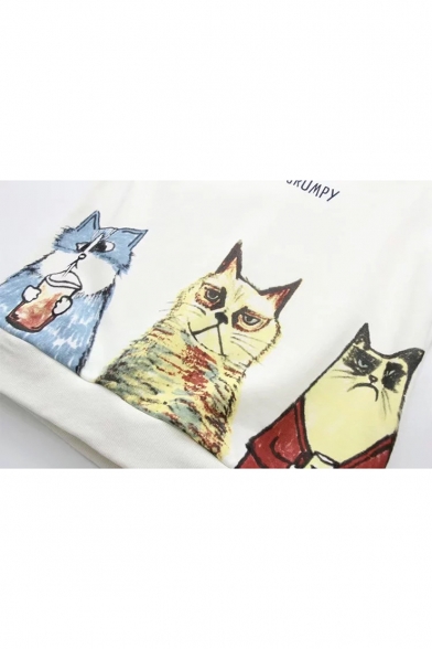 Contrast Striped Lapel Collar Cat Letter Printed Fake Two Pieces Sweatshirt