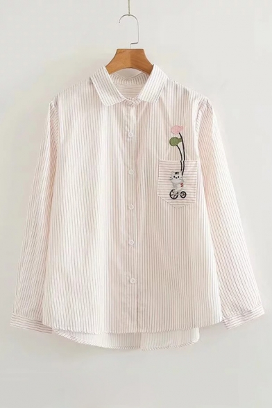 Cute Cat Fish Balloon Embroidered Pocket Striped Lapel Collar Long Sleeve Button Front Shirt