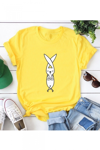 Cute Rabbit Printed Round Neck Short Sleeve T-Shirt